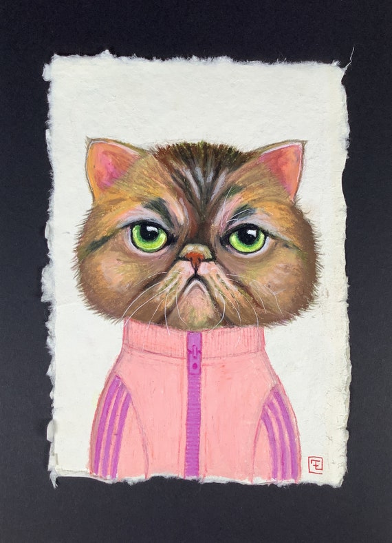 Simon, portrait of an exotic cat, oil pastel on handmade paper, original work, Eva Fialka