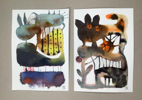 Two Abstracts 1, set of two original watercolor paintings, Eva Fialka