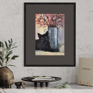 Blossoms, original watercolor painting on paper, black cat with flowers. Eva Fialka