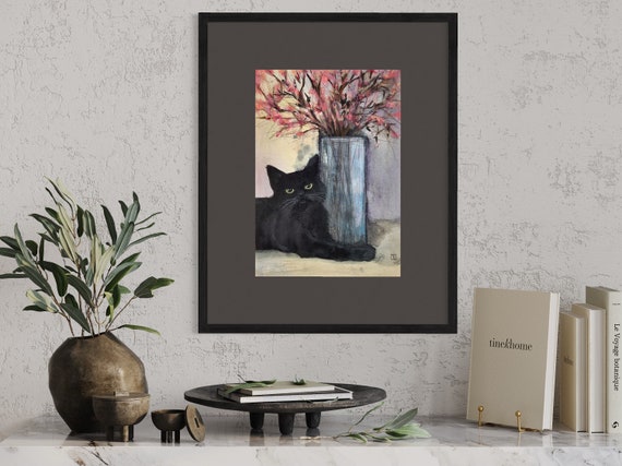 Blossoms, original watercolor painting on paper, black cat with flowers. Eva Fialka