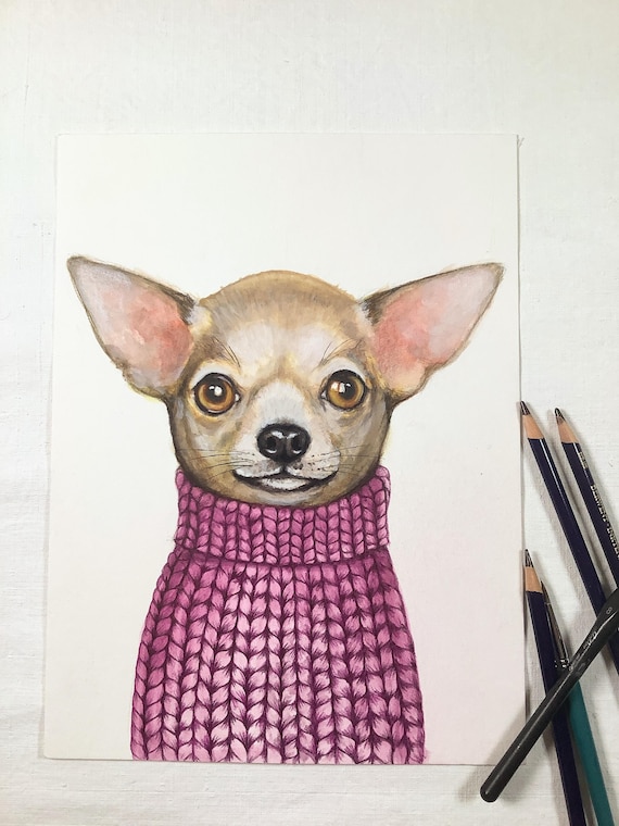 Kiki, Portrait of a Chihuahua dressed in a sweater, original painting by Eva Fialka