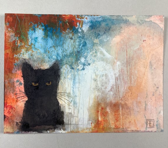 Abstract Black Cat #5, original watercolor and acrylic painting on Eva Fialka paper