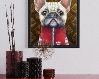 french BULLDOG, original oil painting, dog portrait in vintage tracksuit, Eva Fialka