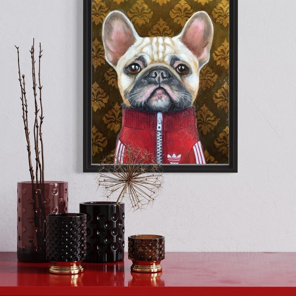 french BULLDOG, original oil painting, dog portrait in vintage tracksuit, Eva Fialka