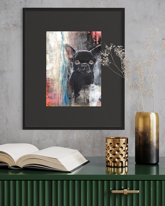 Coco, abstract chihuahua portrait, original acrylic painting on wood panel, Eva Fialka