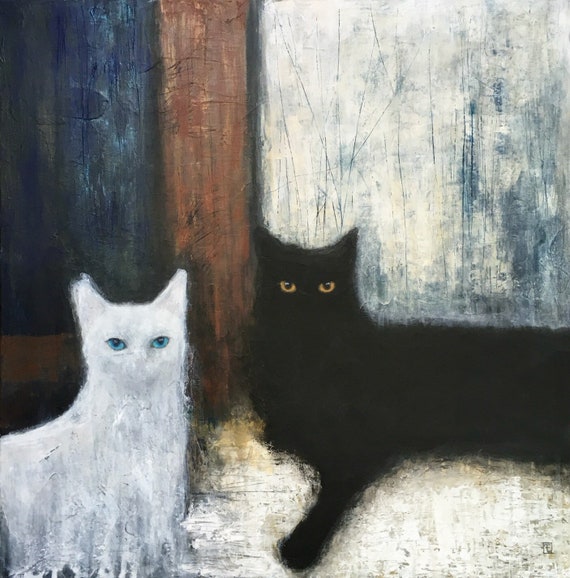 Original abstract cat painting, black cats,acrylic painting