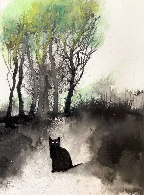 Au vert, original watercolor painting, black cat, Eva Fialka.