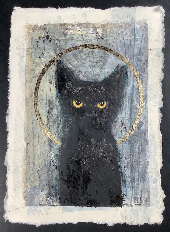 Abstract black cat, original acrylic and gold leaf painting on handmade paper Eva Fialka