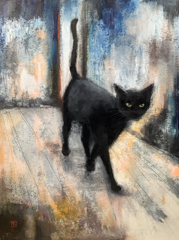 Blackcat, original painting of black kitten, gouache on paper, Eva Fialka