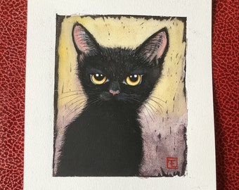 Black Kitten, original painting on paper. Eva Fialka