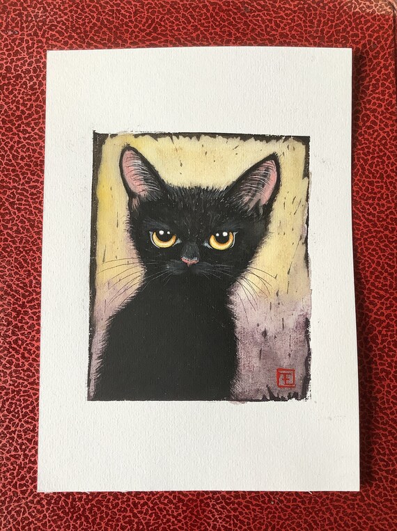 Black kitten, original painting on paper. Eva Fialka