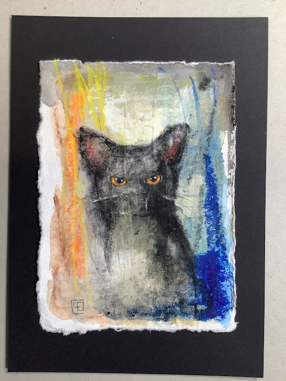 Drusilla, abstract black cat, original acrylic painting on paper, Eva Fialka