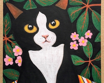 IGOR Original abstract cat painting, black cat, tiny painting