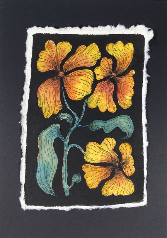 Yellow flowers, original painting, watercolor and gouache on paper. Eva Fialka
