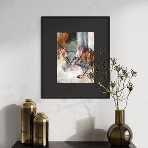 Anubis, chat abstrait, peinture acrylique originale sur panneau de bois, Eva Fialka