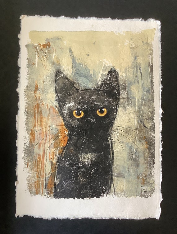 Black Kitten, Original Acrylic Painting on Handmade Recycled Paper, Black Cat Portrait, Eva Fialka