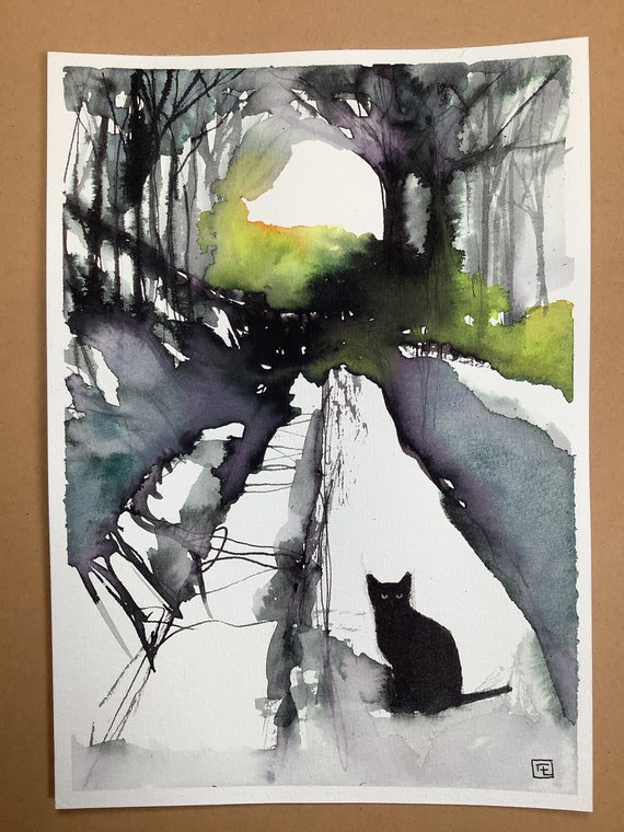 Outside, original watercolor painting, black cat, Eva Fialka.