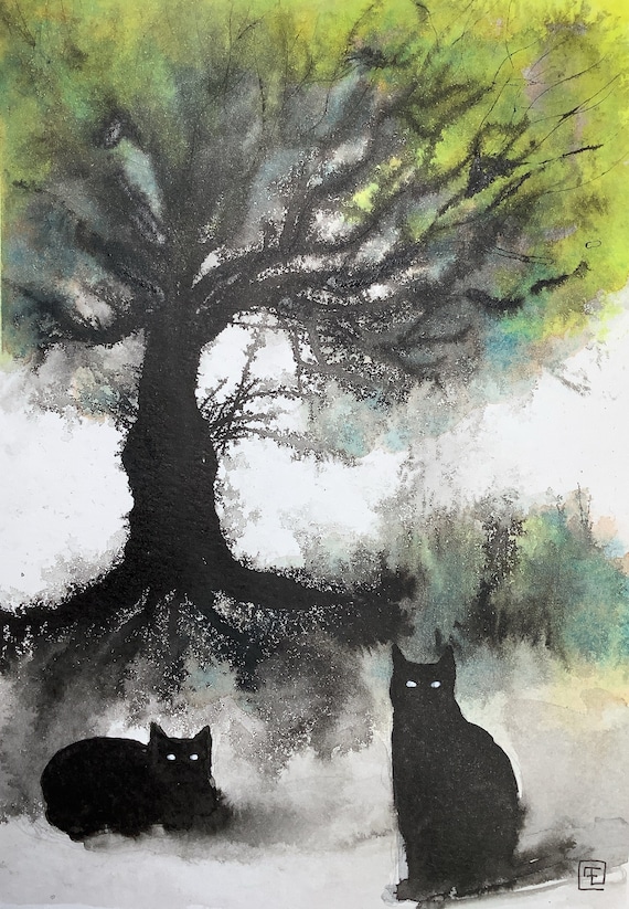 The tree, original watercolor painting, black cat, Eva Fialka.