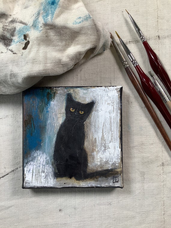 Abstract black cat, original miniature acrylic painting on canvas by Eva Fialka
