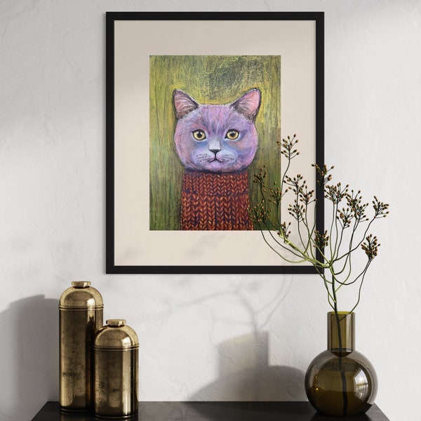 Morty, portrait de chat en pullover, peinture originale sur papier, Eva Fialka