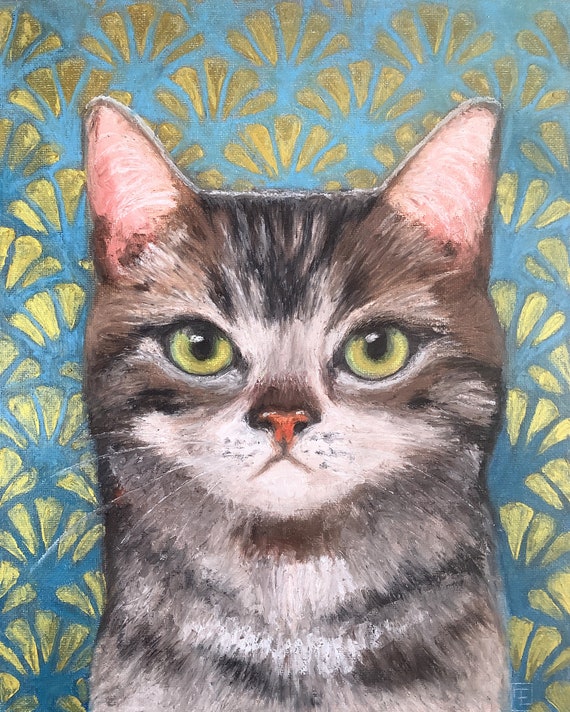 Tabby cat, cat portrait, original oil pastel drawing, Eva Fialka