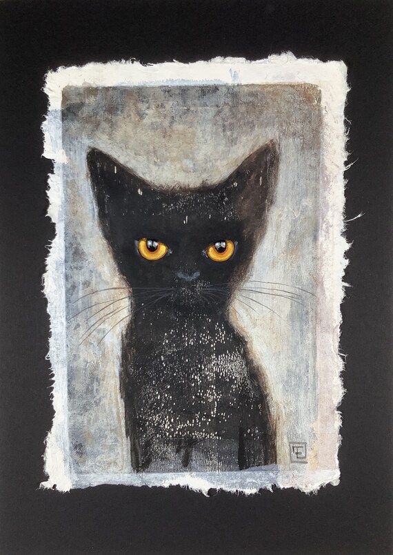 Abstract black cat, original acrylic painting on handmade paper Eva Fialka