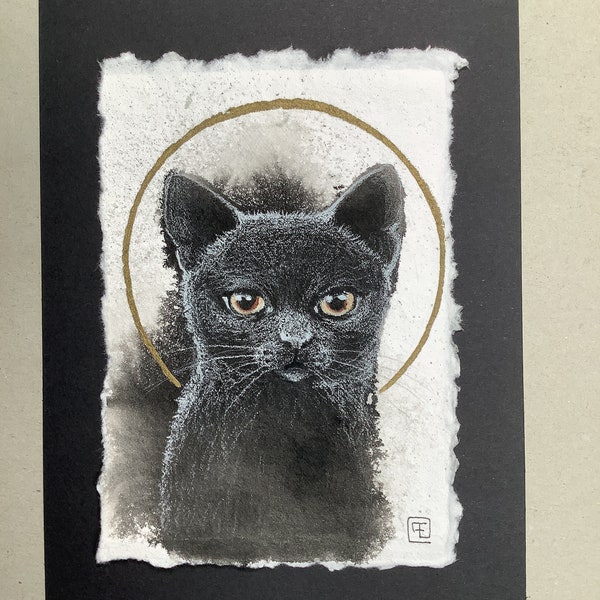 Felicia, chat noir, peinture encre et dessin pastel originale sur papier artisanal, Eva Fialka