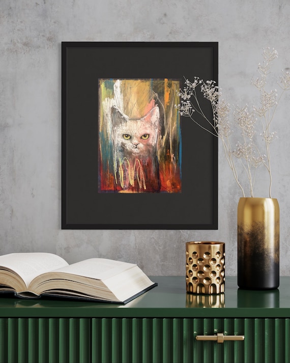 Pixie, abstract cat portrait, original painting, oil pastel on paper. Eva Fialka