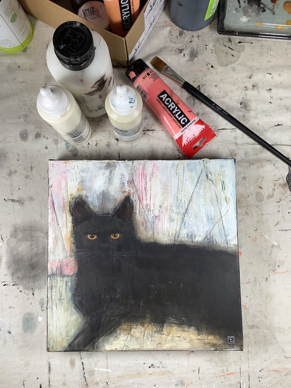 Chat noir abstrait, peinture acrylique sur toile, Eva Fialka