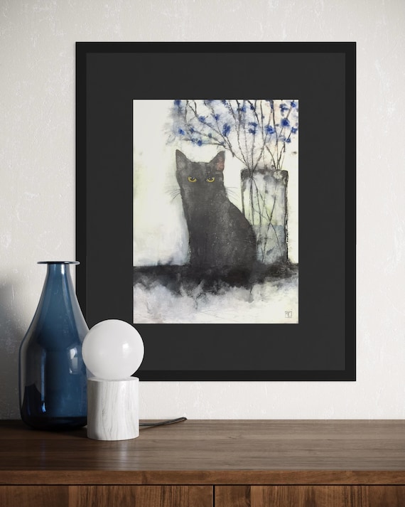 Black cat and blue flowers, original abstract acrylic painting, black cat, Eva Fialka