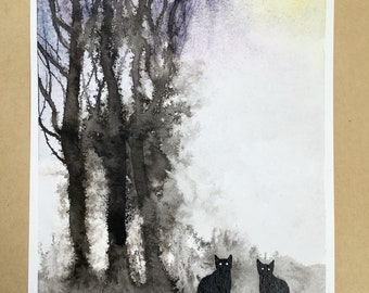 Four o'clock, original watercolor painting, black cat, Eva Fialka.