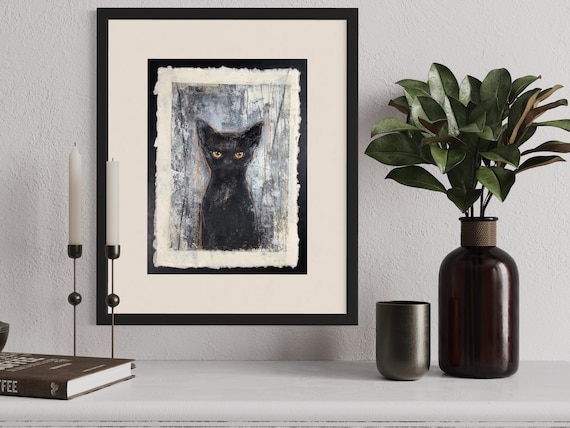 Abstract black cat, original acrylic painting on handmade paper Eva Fialka