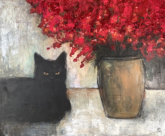 Red flowers, Abstract painting, black cat with flowers, original, Eva Fialka