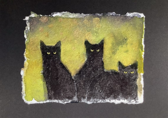 3 black cats, abstract black cat, original acrylic painting on paper, Eva Fialka