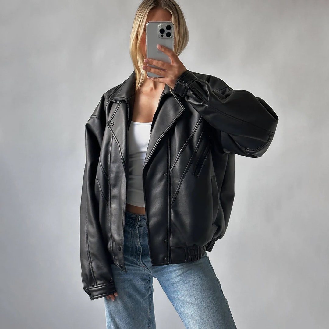 Women Handmade Retro Bomber Leather Jacket, Real Sheepskin Leather 