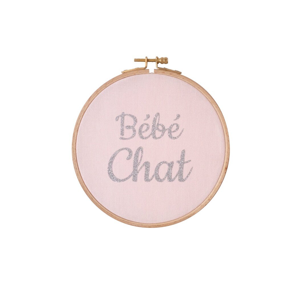 Cadre en Bois et Tissu Bébé Chat Rose Pale Argent Pailleté