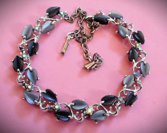 Superb Vintage 1950s silvery grey moonglow lucite thermoset AB rhinestone silver tone leaf necklace, aurora borealis crystal, MCM beauty