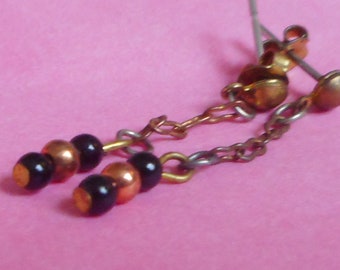 SALE ***Vintage new old stock pierced copper tone and black bead dangle chain earrings sixties 1960's dinky size mid century MCM deadstock