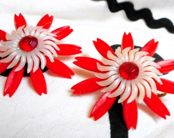 Lovely Large 1950's soft plastic red and white Rhinestone Flower Clip On Earrings ~ handmade from Original vintage new old stock materials