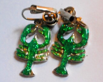 Awesome Lobster Green Glitter clip on Earrings - original Vintage materials, deadstock - mid century kitsch, cute summer fun