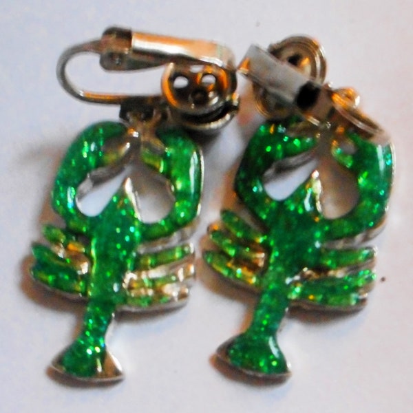 Awesome Lobster Green Glitter clip on Earrings - original Vintage materials, deadstock - mid century kitsch, cute summer fun