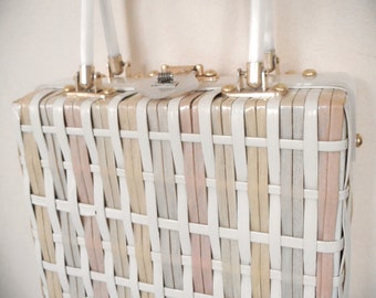 Vintage Lucite and "Wicker" handbag purse ~ pearly white lucite handles /frame, pastel coloured plastic covered weave, 1950's 60's Hong Kong