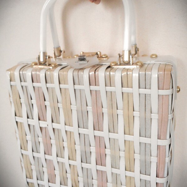 Vintage Lucite and "Wicker" handbag purse ~ pearly white lucite handles /frame, pastel coloured plastic covered weave, 1950's 60's Hong Kong