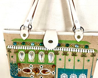 Fab Enid Collins of Texas designer bucket bag CABLE CAR bejewelled purse handbag~ off white leather trim mid century 1960s vintage classic
