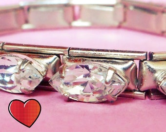 Dainty Vintage 1950s crystal rhinestone bracelet, elegant MCM glamour ~ silver tone stretchy links ~ mid century unsigned treasure