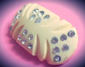 Beautiful Vintage 1940's 50's Carved Celluloid Rhinestone Brooch/Pin, Wedding Jewelry, cream/ivory w/ clear crystal diamante stones, bridal