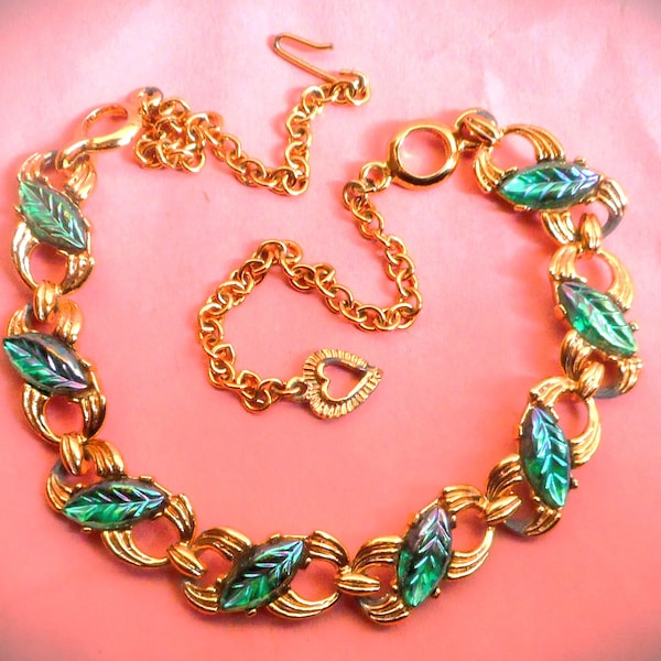 Gorgeous Vintage 1950s 1960s gold tone green blue rhinestone glass leaf link necklace MCM mid century glamour