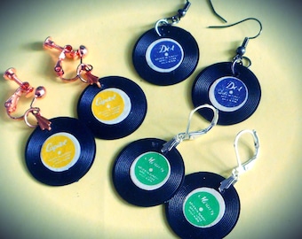 Cool "vinyl" record label charm 1950's vintage inspired dangle drop earrings, Dot/ Capitol/ Mercury label. handmade w/original new old stock