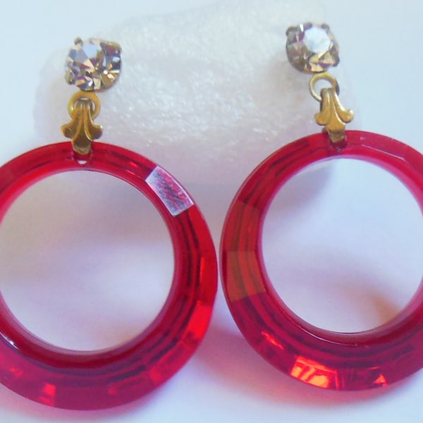 Vintage 1950's/60's New Old Stock Bright faceted Blue, RED, GREEN or CLEAR plastic hoops ~choice of clip on, post, wire, lever back earrings