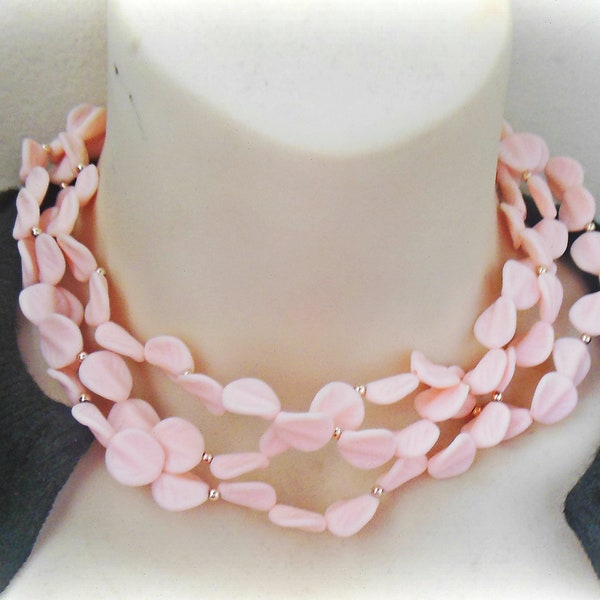 Think Pink - Vintage 1950's 60's Summer PINK LEAF triple 3-strand Necklace,tiny gold beads, early plastic, etched lucite leaves, mid century